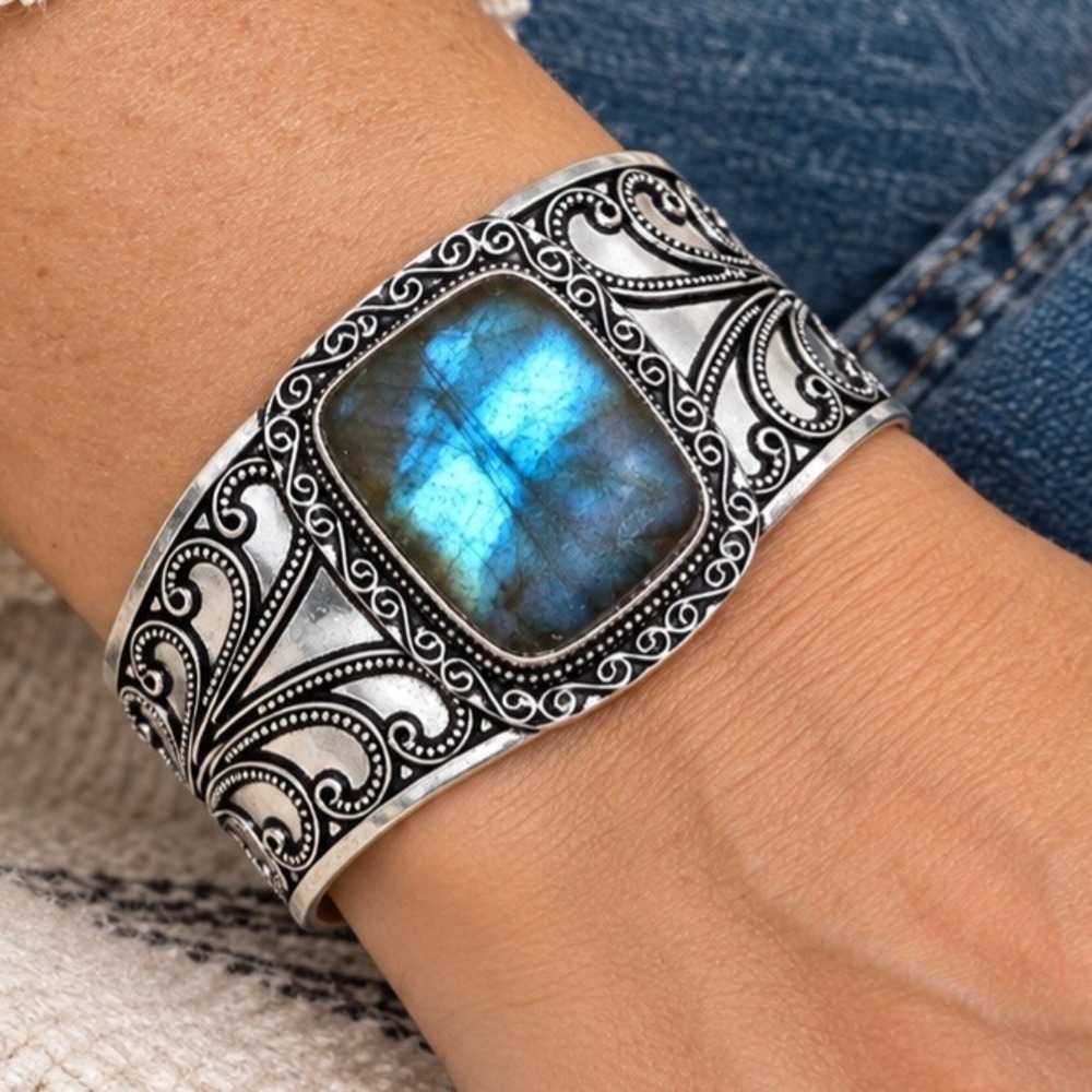 Huge Vintage Fiery Labradorite Silver Plated Bangle FreeSize Trendy Boho Artisan
